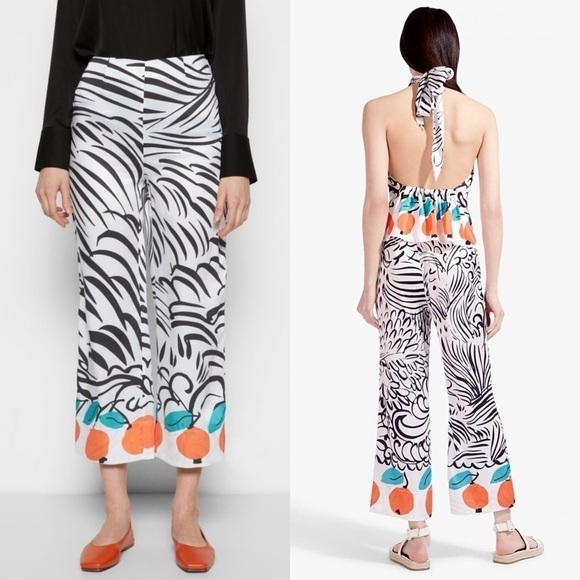STAUD Satin Abstract Stripe Citrus Print High Rise Ankle Crop Oscar Trousers 2 - Picture 2 of 9